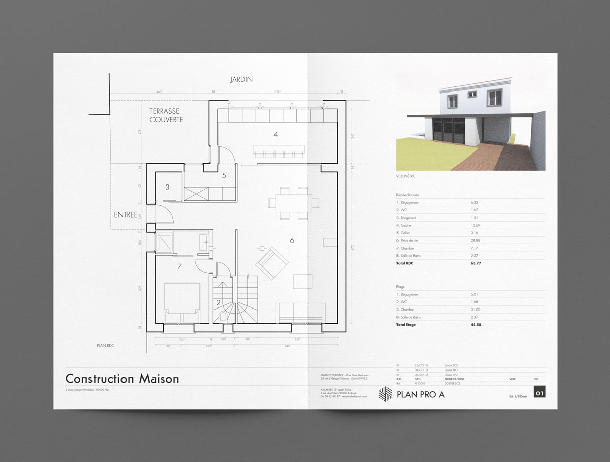 Modèle de plan de construction d'une maison avec cartouche de plan d'architecte.